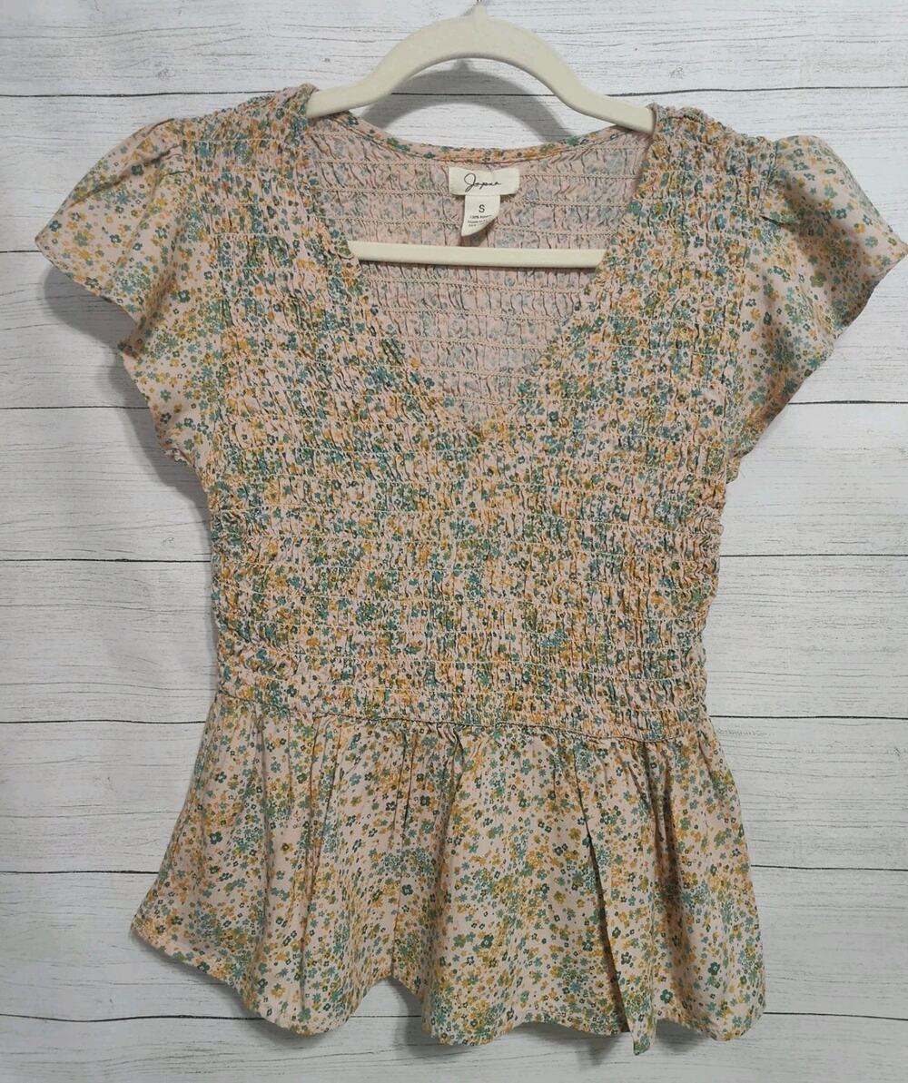 Japna Floral Smocked Peplum Blouse Ruffle Cap Sleeve Size Small